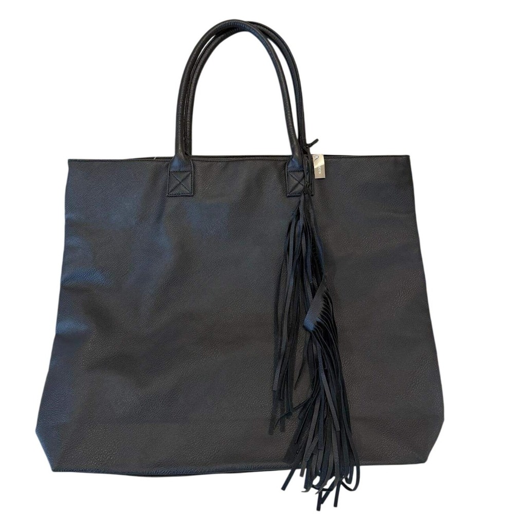 Chicos Black Pebbled Faux Leather Oversized‎ Tote Bag Fringe Tassel Shopper Boho